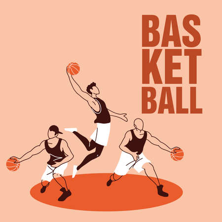 Players men with balls jumping design, Basketball sport hobby competition and game theme Vector illustrationのイラスト素材