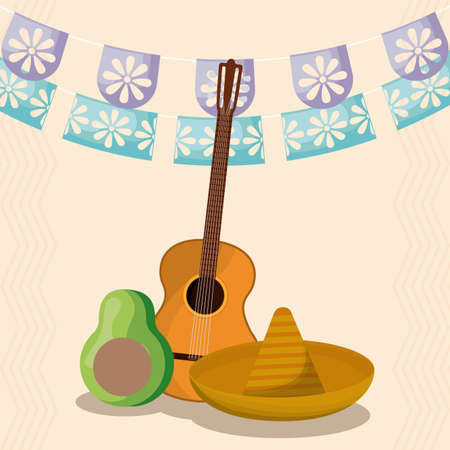 Mexican hat avocado and guitar with banner pennant design, Mexico culture tourism landmark latin and party theme Vector illustrationのイラスト素材