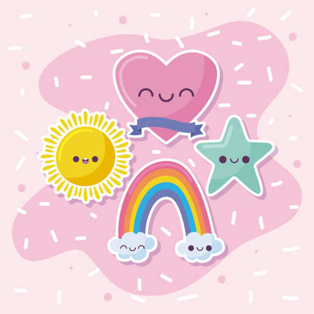 rainbow sun heart and star cartoons design, expression cute character funny and emoticon theme Vector illustrationのイラスト素材