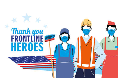 Thanks to the front line workers. Diverse people from different occupations wear protective masks vector illustration designのイラスト素材