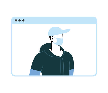 man with mask communicating by video call vector illustration desing