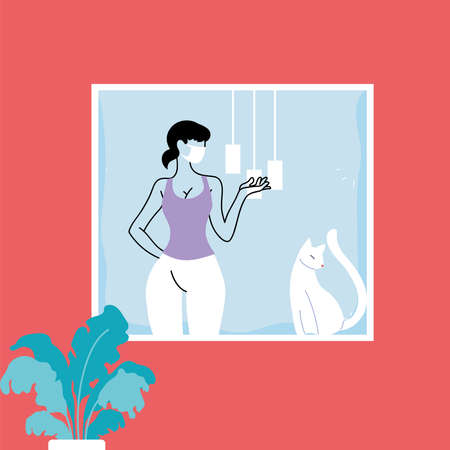 woman in apartment window in social distancing vector illustration designのイラスト素材