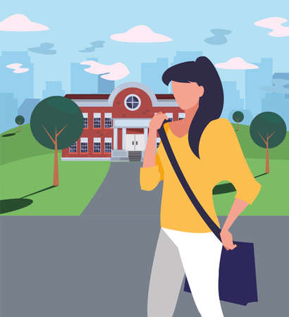 Girl student in front of school building design, Education class lesson knowledge preschooler study learning and primary theme Vector illustrationのイラスト素材