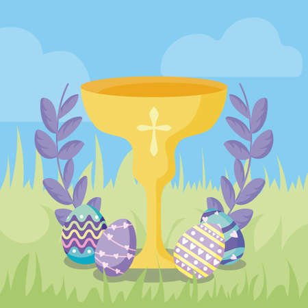 happy easter design of communion wine glass, decorative wreath and easter eggs over landscape background, colorful design, vector illustrationのイラスト素材