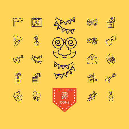 crazy mask and april fools day icons set over yellow background, line style, vector illustrationのイラスト素材
