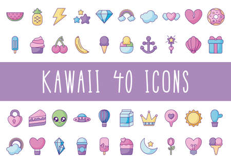 cactus and kawaii icon set over white background, flat style, vector illustrationのイラスト素材