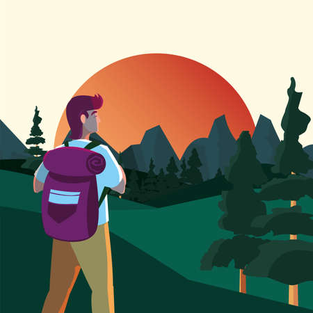 Hiker man with bag and landscape design, Walker excursionist rambler tripper tourist travel trip tourism and journey theme Vector illustrationのイラスト素材