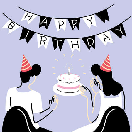 woman and man with cake design, Happy birthday card celebration decoration surprise party anniversay and invitation theme Vector illustrationのイラスト素材