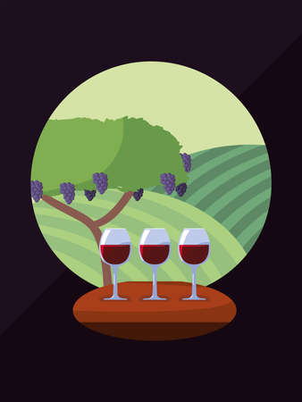 Wine cups in front of grapes tree design, Winery alcohol drink beverage restaurant and celebration theme Vector illustrationのイラスト素材