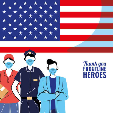 Thanks to the front line workers. Diverse people from different occupations wear protective masks vector illustration designのイラスト素材