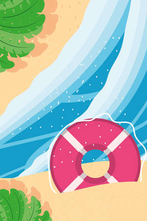 Beach with sea float and leaves top view detailed style icon design, Summer vacation and tropical theme Vector illustrationのイラスト素材