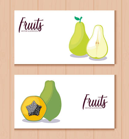 set cards with fresh pears and papayas vector illustration designのイラスト素材