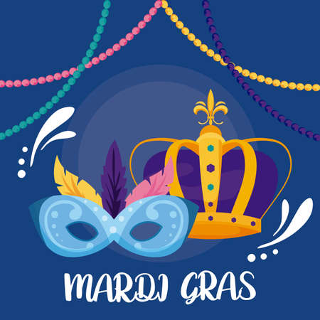 Mardi gras mask and crown with necklaces design, Party carnival decoration celebration festival holiday fun new orleans and traditional theme Vector illustrationのイラスト素材
