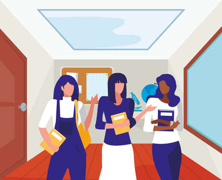 Girls students inside school classroom design, Eduaction class lesson knowledge preschooler study learning and primary theme Vector illustrationのイラスト素材