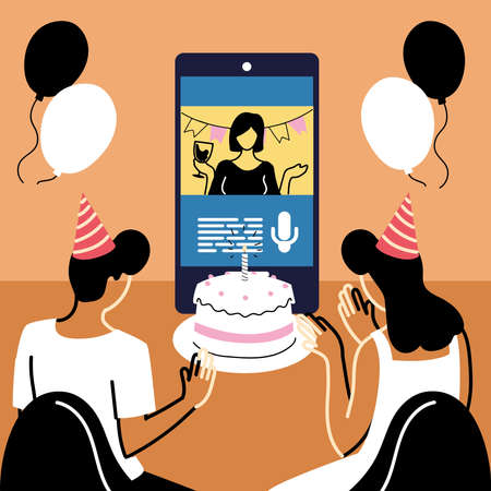 man and woman with party hat waving girl on smartphone with cake design, Happy birthday and video chat theme Vector illustrationのイラスト素材