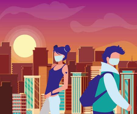 couple walking in the city wearing face mask vector illustration designのイラスト素材