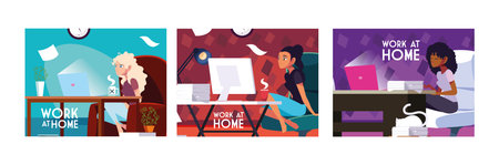 set of cards with women work at home vector illustration design