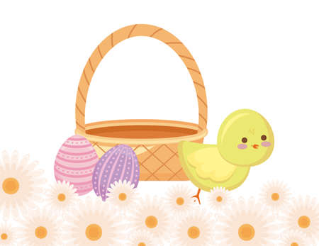 cute chicken with basket wicker with eggs easter vector illustration designのイラスト素材