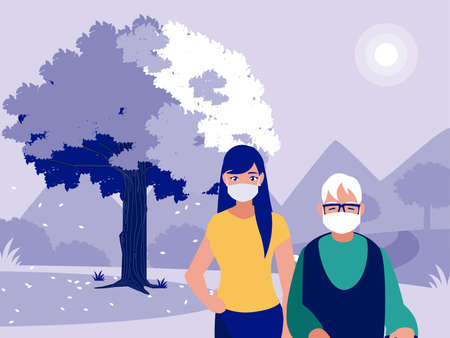 Woman and grandfather with mask in front of landscape design of Covid 19 virus theme Vector illustrationのイラスト素材