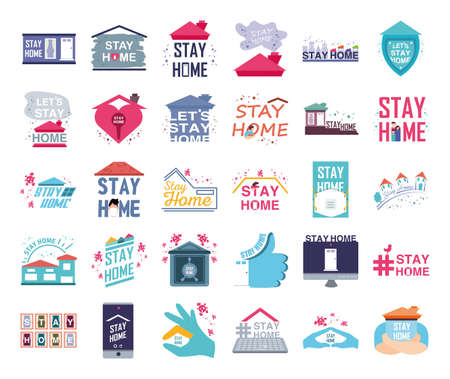 set of icons campaign stay at home, coronavirus prevention vector illustration designのイラスト素材