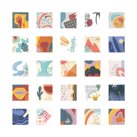 set of abstract backgrounds, drawn with various shapes and doodles objects vector illustration...
