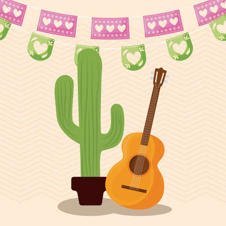 Mexican cactus and guitar with banner pennant design, Mexico culture tourism landmark latin and party theme Vector illustrationのイラスト素材