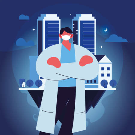 young doctor using face mask in the city vector ilustration desingのイラスト素材