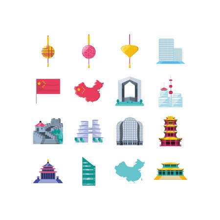 Chinese icon set design, China culture asia travel landmark famous asian and oriental theme Vector illustrationのイラスト素材