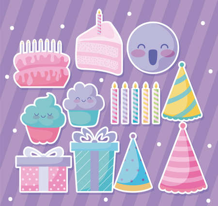 cute happy birthday icon set over purple background, colorful design, vector illustrationのイラスト素材