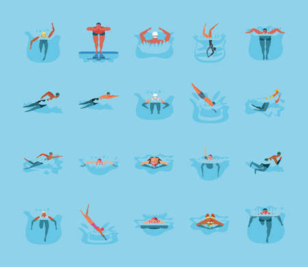 set of icons with people in swimming vector illustration designのイラスト素材