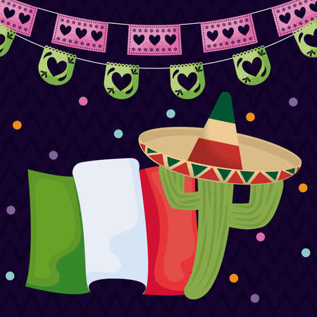 viva mexico celebration with cactus and garlands hanging vector illustration designのイラスト素材