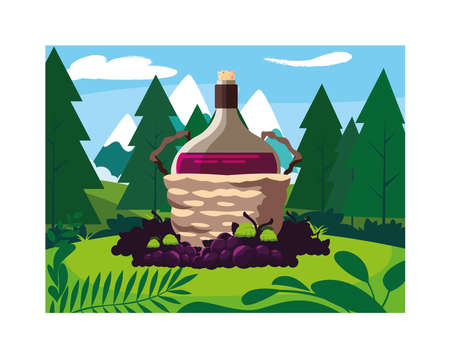 bottle of wine in wicker basket and grapes vector illustration designのイラスト素材