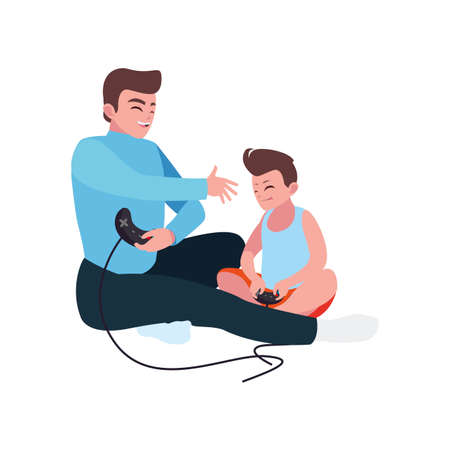 father playing video game with son characters vector illustration designのイラスト素材