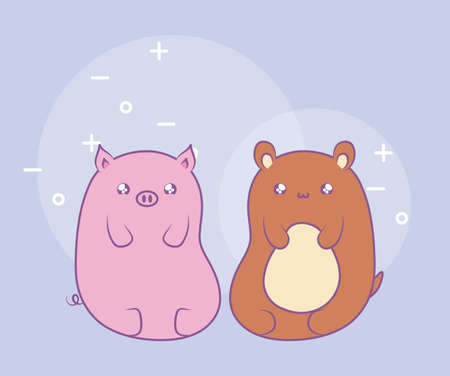 cute piggy with bear animals baby kawaii style vector illustration designのイラスト素材