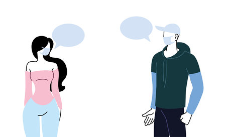 couple with mask talking by bubble vector illustration desing