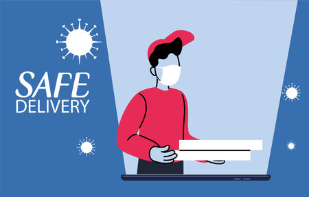 male courier with masks carrying package vector illustration desingのイラスト素材