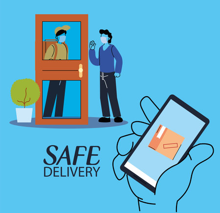 courier delivery service with smart phone, tracking of packages vector illustration desingのイラスト素材