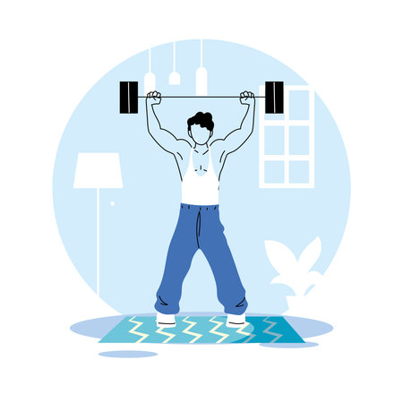 man training at home for quarantine vector illustration designのイラスト素材