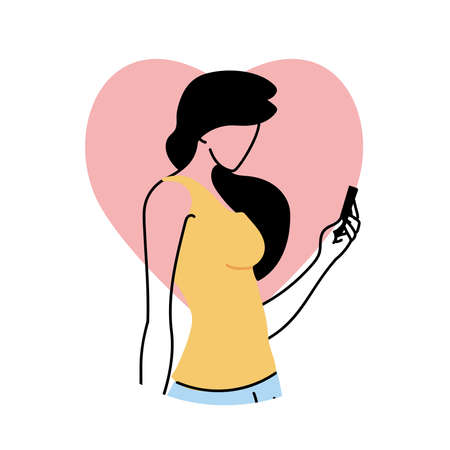 Young woman in love with cell phone in hand vector illustration designのイラスト素材
