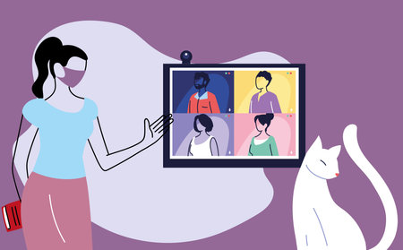 Teacher on screen giving online class to her students vector illustration design