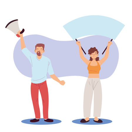 Woman and man cartoons holding banner board and megaphone design, Manifestation protest and demonstration theme Vector illustrationのイラスト素材