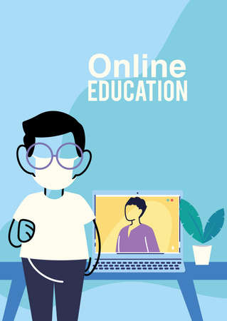 boy studying at home to prevent covid, online education vector illustration designのイラスト素材