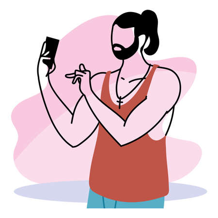 Young man checking the cell phone vector illustration designのイラスト素材