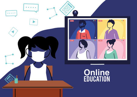 girl studying at home to prevent covid, online education vector illustration designのイラスト素材