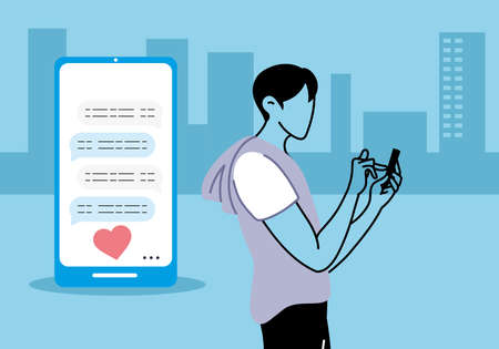Young man in love texting on the cell phone vector illustration designのイラスト素材