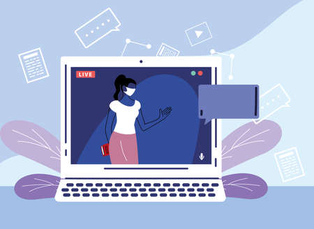 Teacher on the screen giving online class vector illustration designのイラスト素材
