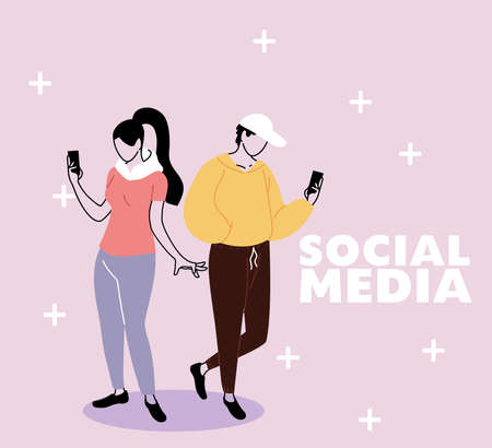 people with cell phone in hand checking social networks vector illustration designのイラスト素材