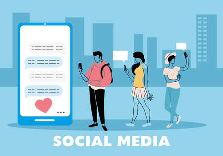 Young people in love texting on the cell phone vector illustration designのイラスト素材