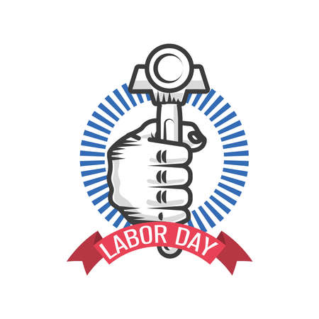 happy labor day celebration, hand holds a hammer tool vector illustration designのイラスト素材