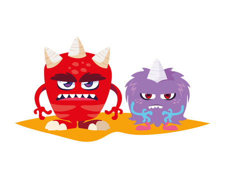 funny monsters couple comic characters colorful vector illustration design